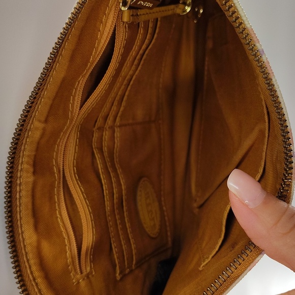 Fossil Crossbody Purse Ivory Pink Purple Adjustable Strap Zip Top - Picture 6 of 8